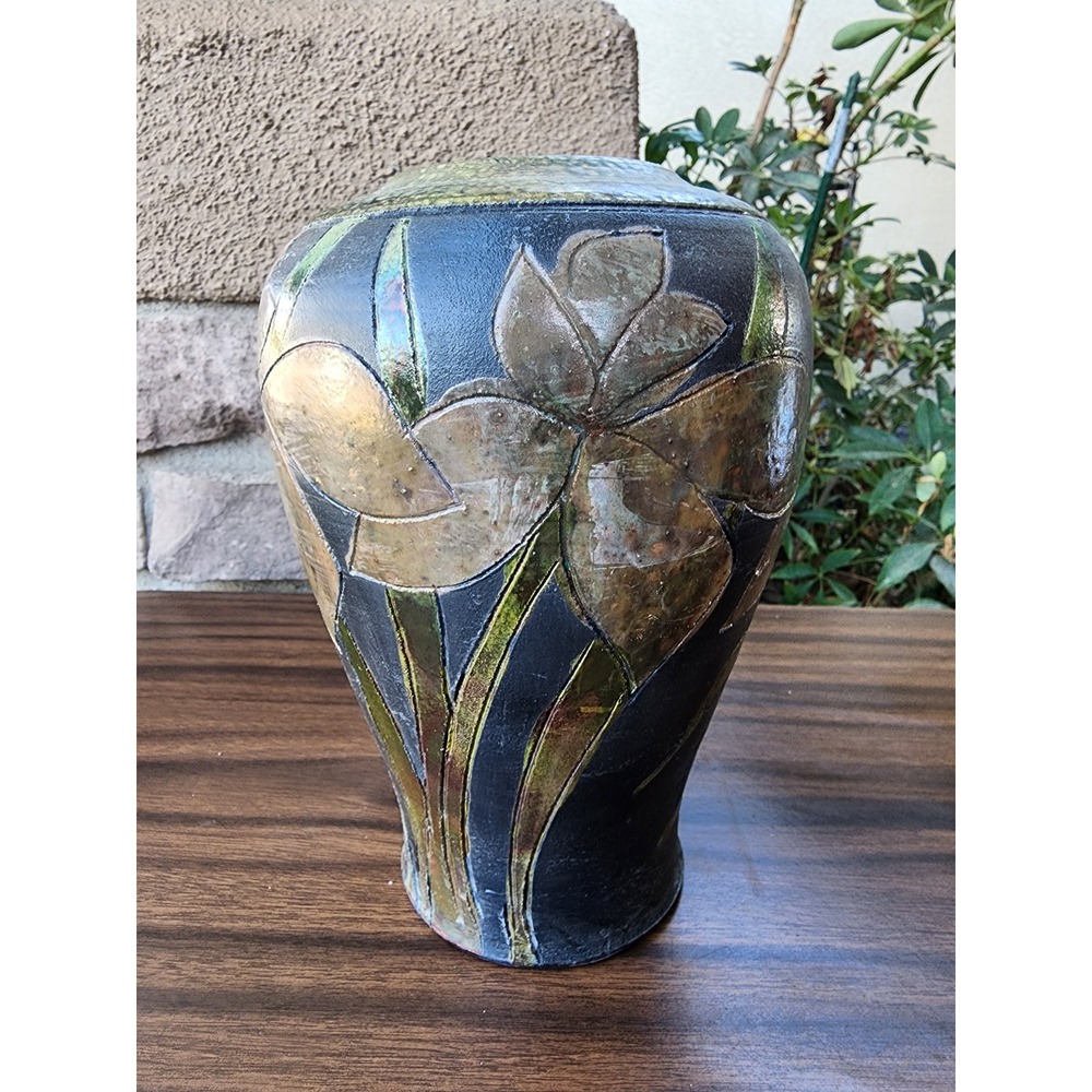 Vintage Handmade Studio Art Pottery Vase 9" Sgraffito Floral Black Gold Signed